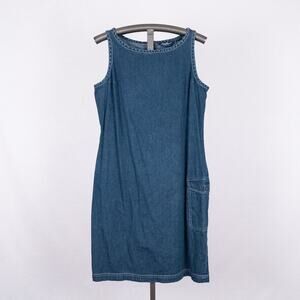 Vintage Eddie Bauer Denim Shift Dress Jumper Size 16 100% Cotton Casual Classic